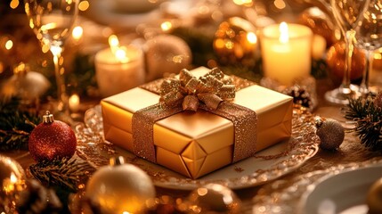 A gold gift box with a bow sits on a festive table setting with candles, ornaments, and greenery.