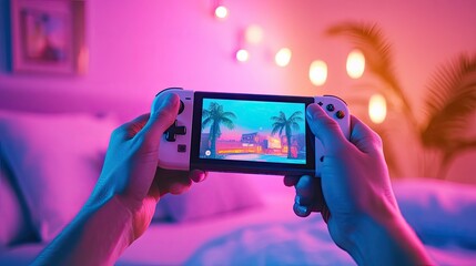 Portable Handheld Gaming Experience in Vibrant Setting