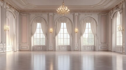 Fototapeta premium An empty church with rows of wooden pews, softly lit and facing a serene altar in a tranquil setting