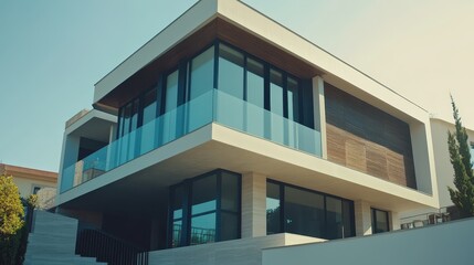 A two-story contemporary house with an asymmetrical design, showcasing large, tinted windows and an expansive balcony. The exterior features a striking contrast between polished wood.