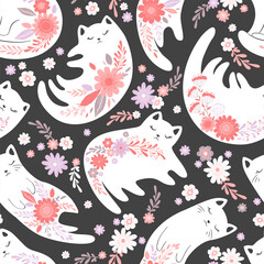 Seamless vector pattern with cute cats, flowers and floral elements isolated on dark grey background. Adorable animal design illustration for card print, wallpaper, poster, nursery decoration