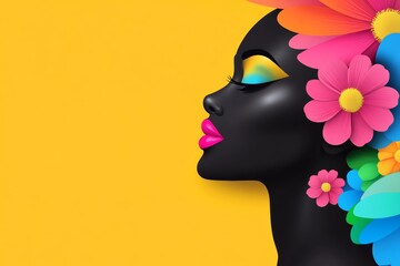 Woman with a colorful flower headdress. flowers are in various colors and are scattered all over her face. Black women. Side view, head face, neck. Bright lipstick. Colorful flowers coming from head