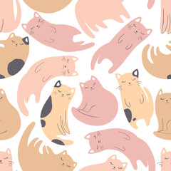 Vector illustration with cute cartoon cats seamless pattern in pastel colors isolated on white background. Adorable animal design for card print, wallpaper, poster, nursery decoration