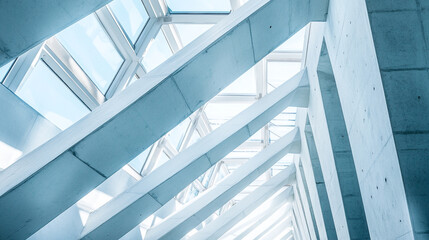 Obraz premium Modern architectural design featuring intricate concrete beams and large windows in a bright space