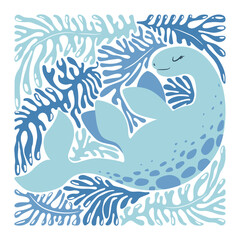 Vector colorful illustration with cute cartoon dinosaur, abstract blue branches isolated on white background. Animal design for card щк poster print, wallpaper, nursery decoration