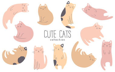 Vector illustration with cute cartoon cats collection in pastel colors isolated on white background. Adorable animal design for card print, wallpaper, poster, nursery decoration