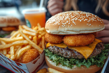 Close-Up of a Classic Beef Burger with Fresh Vegetables and Golden Fries on a Rustic Serving Paper