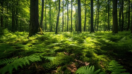 Obraz premium Bright green fern leaves sprawled across a forest floor, creating a lush, vibrant scene that embodies the beauty and richness of nature.