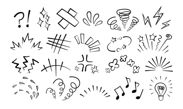 Anime manga comic emoticon element graphic effects hand drawn doodle vector illustration set isolated on white background. Line art style manga doodle line expression scribble anime mark collection.