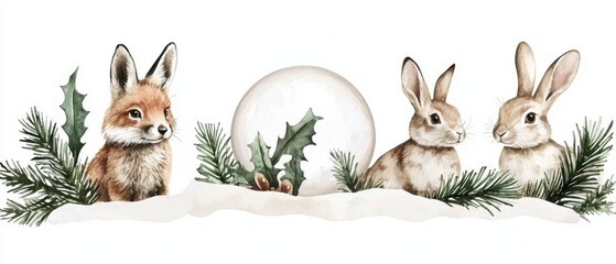 Fototapeta premium watercolor snow globe, fox and rabbit in snowy woodland, festive charm, isolated on white background