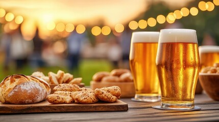 Two glasses of beer with delicious snacks on a wooden table, sunset in the background.