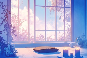 Serene Meditation Area with Yoga Mats, a Calming Color Palette, and Soft Ambient Sounds Inviting Relaxation and Focus, Cozy Vibe, Generative AI