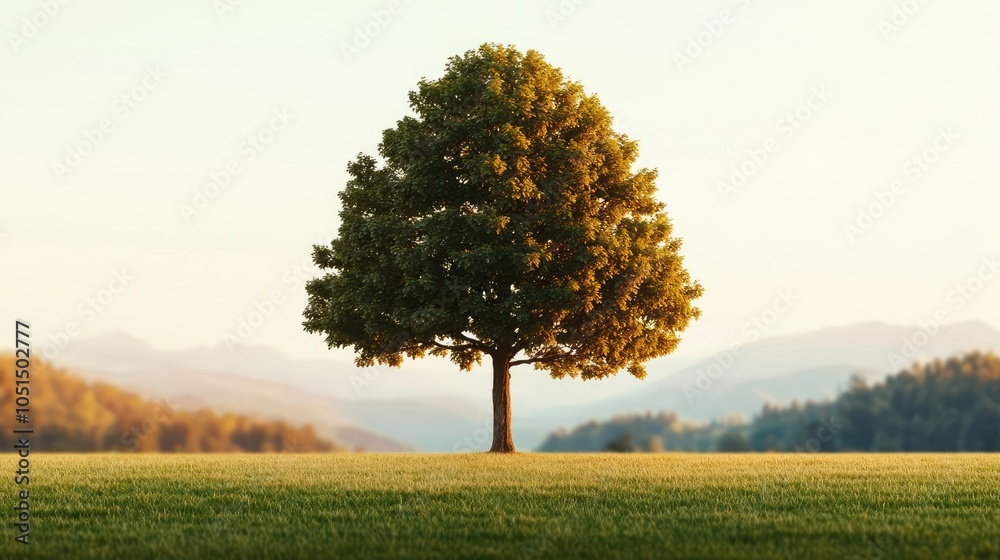Poster lone tree standing in a lush green field with mountains in the background.