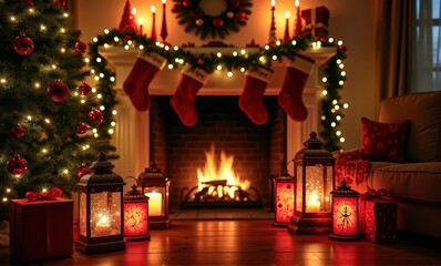 Fototapeta premium Christmas gifts tree lanterns fireplace mitten holiday