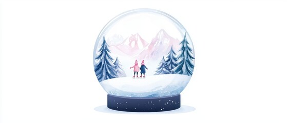 Obraz premium watercolor snow globe, tiny skaters on frozen pond, joyful winter scene, soft hues, isolated on white background