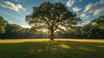 Fototapeta premium Majestic tree under golden sunlight, surrounded by green grass and blue sky.