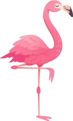 Cartoon flamingo with pink feathers standing on one leg, isolated on white background.