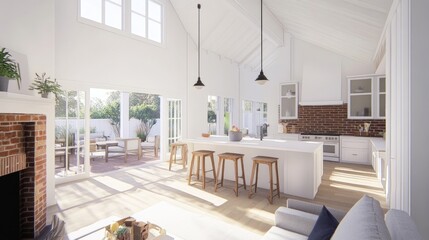 Fototapeta premium A bright, airy living room flowing into a white kitchen, leading to an outdoor patio with a brick fireplace. Spacious layout with room for captions at the top.