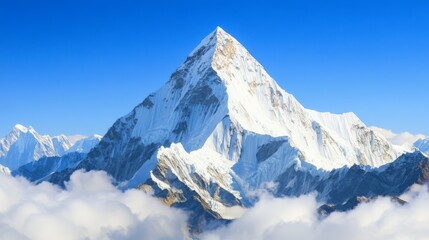 Obraz premium A breathtaking aerial view of a snow-capped Himalayan mountain, its summit piercing the azure sky, surrounded by a sea of clouds. The image evokes a sense of awe and wonder.