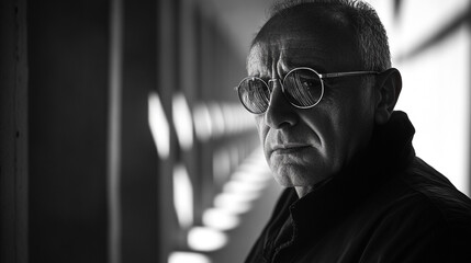 Fototapeta premium Portrait of a man in sunglasses, deep in thought, against a unique architectural backdrop at midday