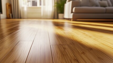 Obraz premium A stylish living room with warm-toned bamboo flooring, offering a sustainable touch. Close-up detail shows the surface, with ample copy space on the left.
