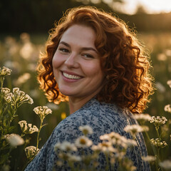 Nature Portrait Of A Joyful Plus-size Woman With Curly Auburn Hair Smiling In A Wildflower Field 
