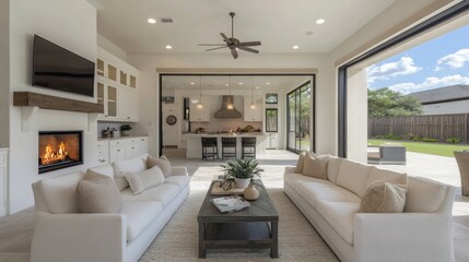 Fototapeta premium A sunlit living space with neutral tones, blending into a sleek white kitchen. The outdoor patio features a glowing fireplace, with space on the top for captions.