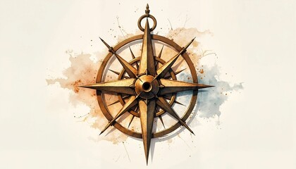 Antique compass rose in watercolor style with sepia tones and artistic splashes