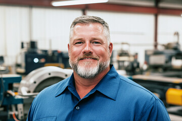 Portrait of a middle-aged man with a gray beard wearing a blue shirt, smiling confidently in an industrial workshop setting. The man has short, neatly groomed hair.