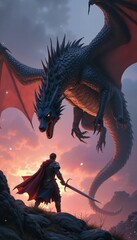 Towering Dragon Confronting Lone Warrior in Dramatic Sunset Landscape