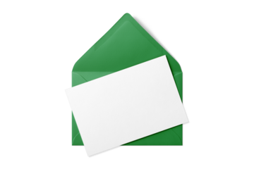 Opened green envelope mockup with blank paper isolated on a transparent background, PNG. High resolution. 