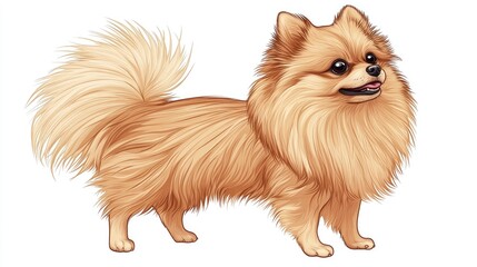 Obraz premium Cute fluffy Pomeranian dog with a friendly expression, standing on white background.