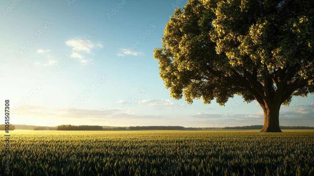 Poster lone tree in a field under a clear sky during sunset.