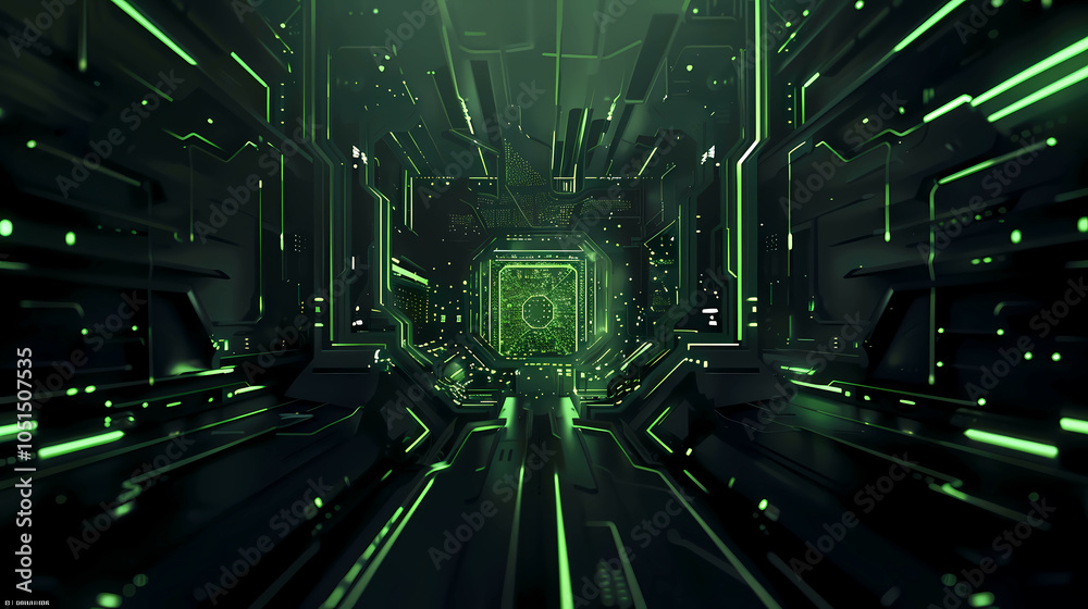 Poster a futuristic corridor with cubes and neon led lights in green color. hacking and hack and code and c