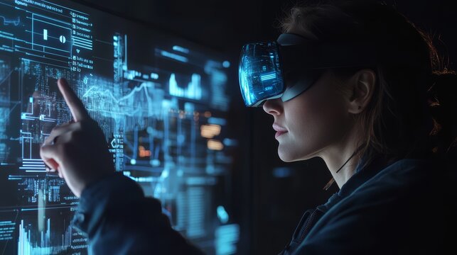 Virtual Reality Data Analysis: A young woman wearing VR glasses interacts with a futuristic interface, exploring data and insights in a captivating digital world.