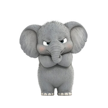 Cute, cartoon elephant with an angry expression, transparent background