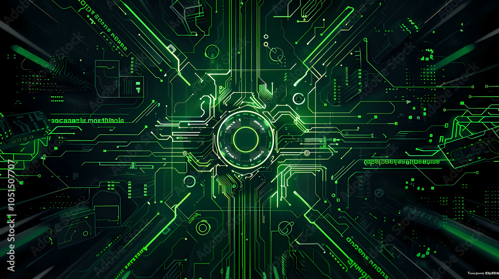 Poster a futuristic corridor with cubes and neon led lights in green color. hacking and hack and code and c