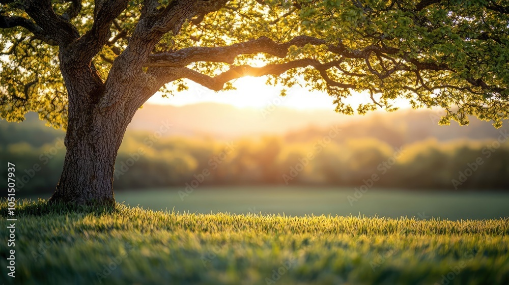 Poster sunlight shining through the leaves of a tree in a serene landscape