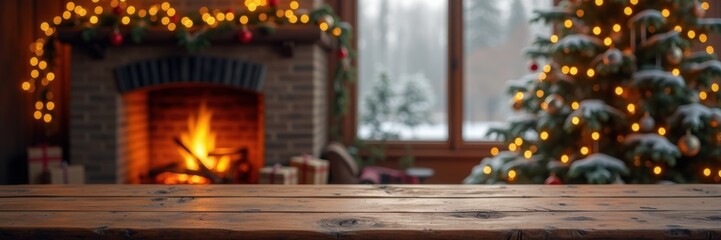Cozy Christmas living room featuring a warm fireplace, decorated tree, and snow views. Perfect for holiday-themed projects, marketing, and home decor inspiration.
