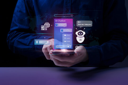 AI chatbot, artificial intelligence. A person uses a smartphone with a holographic AI chatbot interface. assistant chatbot. LLM AI deep learning. modern technology and digital communication.