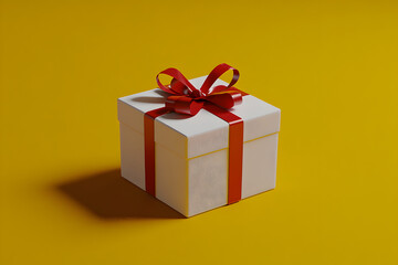 Obraz premium White gift box tied with red ribbon, yellow background, ready to give to someone special on an important day.