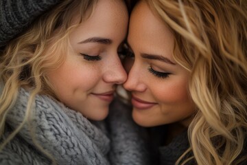 Obraz premium Flirty lesbian couple touching their noses, Generative AI