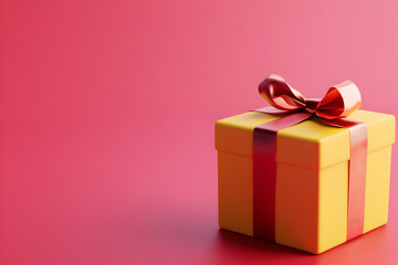 Fototapeta premium Yellow gift box tied with red ribbon, pink background, ready to give to someone special on an important day.