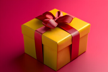 Obraz premium Yellow gift box tied with red ribbon, pink background, ready to give to someone special on an important day.