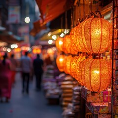 Fototapeta premium A vibrant street scene featuring glowing lanterns illuminating a bustling market, creating a warm, inviting atmosphere at twilight.