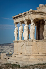The statues of the ionic Erechtheion temple on the Acropolis in Athens, Greece