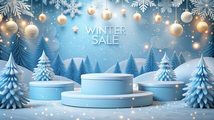 Winter sale promotional background with snowy landscape and festive decorations for holiday marketing