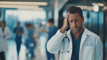Fototapeta premium A doctor appears stressed in a hospital corridor, showcasing the emotional challenges and pressures faced in the medical profession.