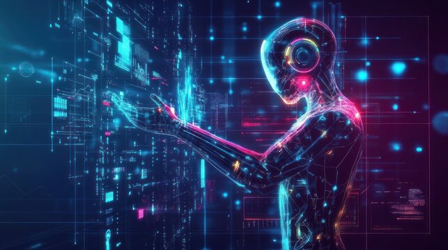 Futuristic android interacting with digital screens