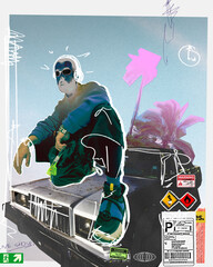 Person in urban streetwear sitting on retro car, surrounded by hand-drawn graphic elements, warning...